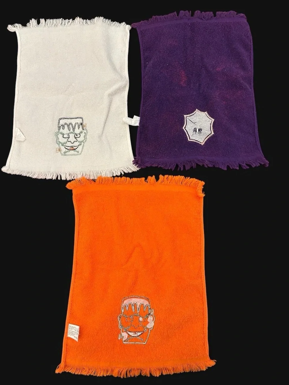Set of three vintage 1990s decorative Halloween washcloths/dish towels